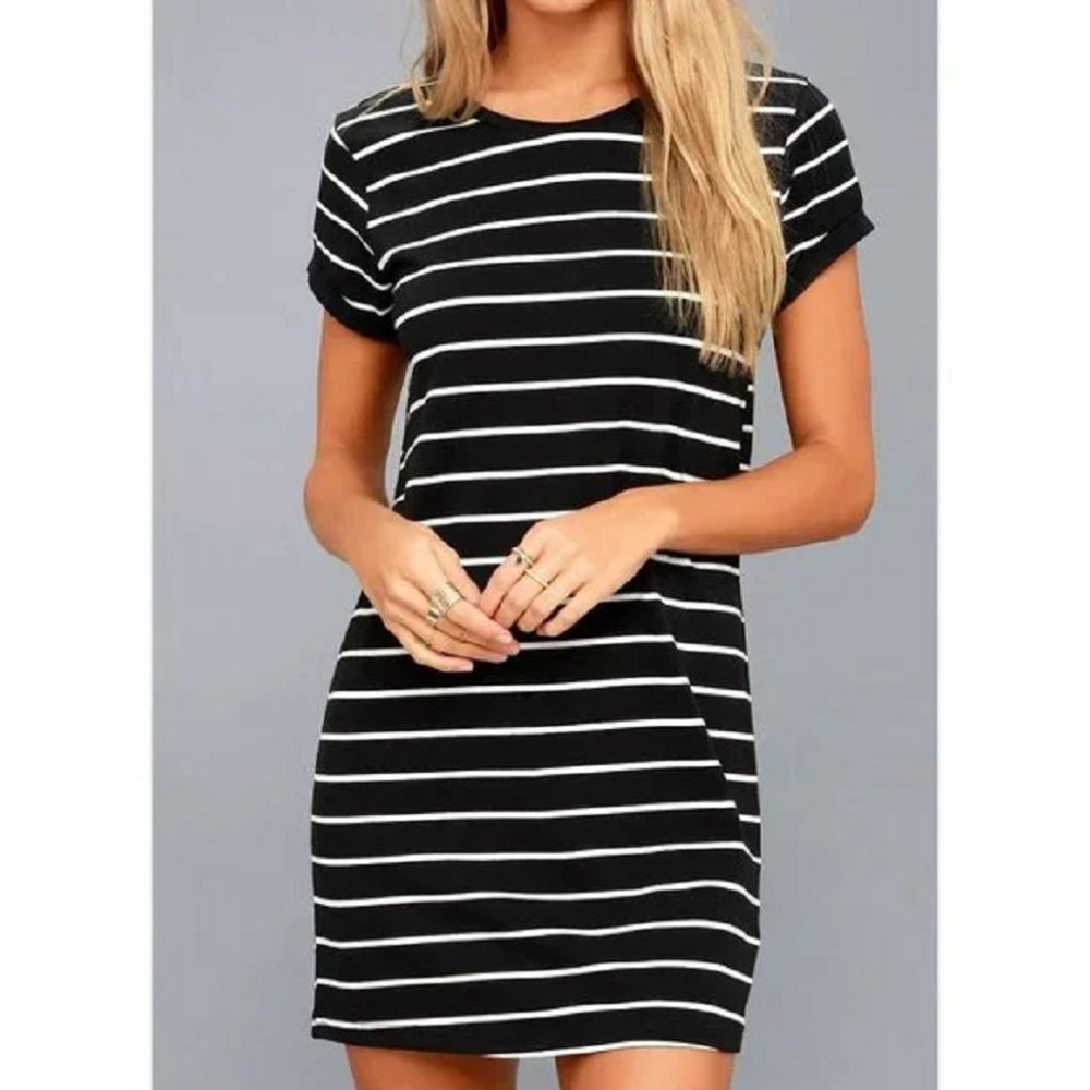 LULUS Women's Small Black White Striped Mini Shirtdress - Picture 2 of 14